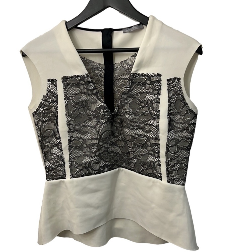Zara White Peplum Neoprene Top with Black Lace Overlay